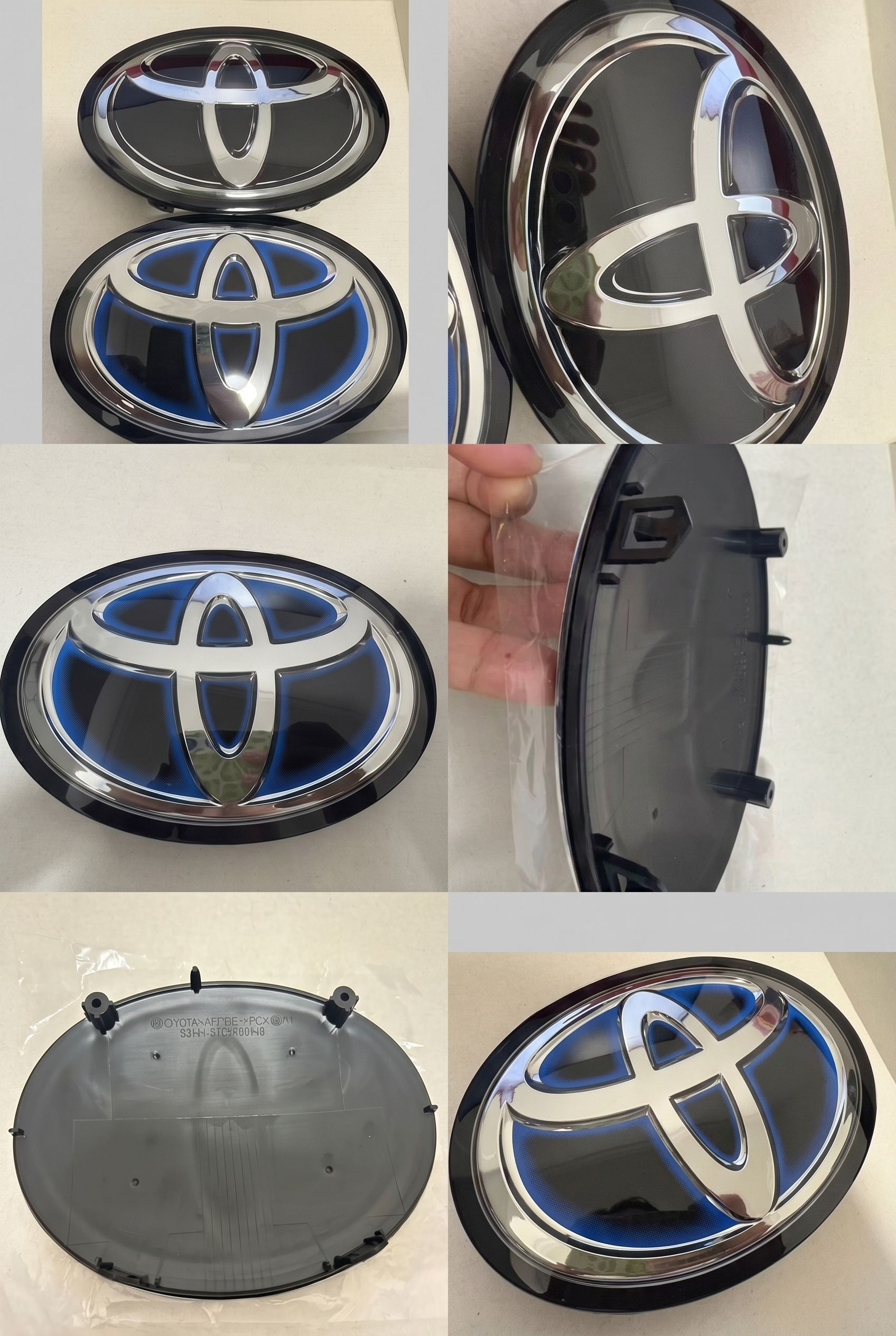 Toyota grille emblem black and blue appearance comparison with rear mounting view
